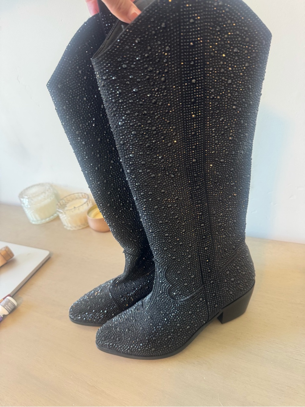 Black Crystal-Embellished Knee-High Western Boots